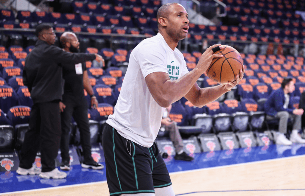 May 10, 2025; New York, New York, USA; Boston Celtics center Al Horford (42) warms up prior to game three of the second round for the 2025 NBA Playoffs against the New York Knicks at Madison Square Garden. Mandatory Credit: Wendell Cruz-Imagn Images
