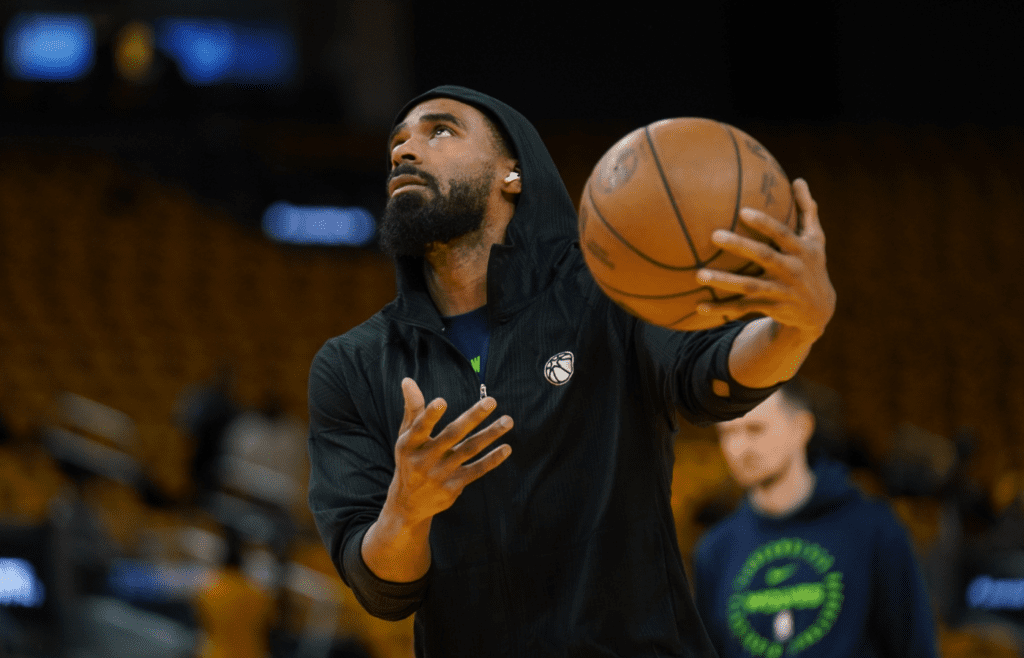 May 12, 2025; San Francisco, California, USA; Minnesota Timberwolves guard Mike Conley (10) warms up against the Golden State Warriors during game four of the second round for the 2025 NBA Playoffs at Chase Center. Mandatory Credit: Cary Edmondson-Imagn Images