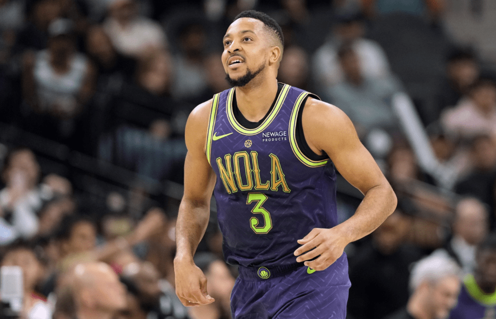 Mar 15, 2025; San Antonio, Texas, USA; New Orleans Pelicans guard CJ McCollum (3) reacts after scoring a basket during the second half against the San Antonio Spurs at Frost Bank Center. Mandatory Credit: Scott Wachter-Imagn Images
