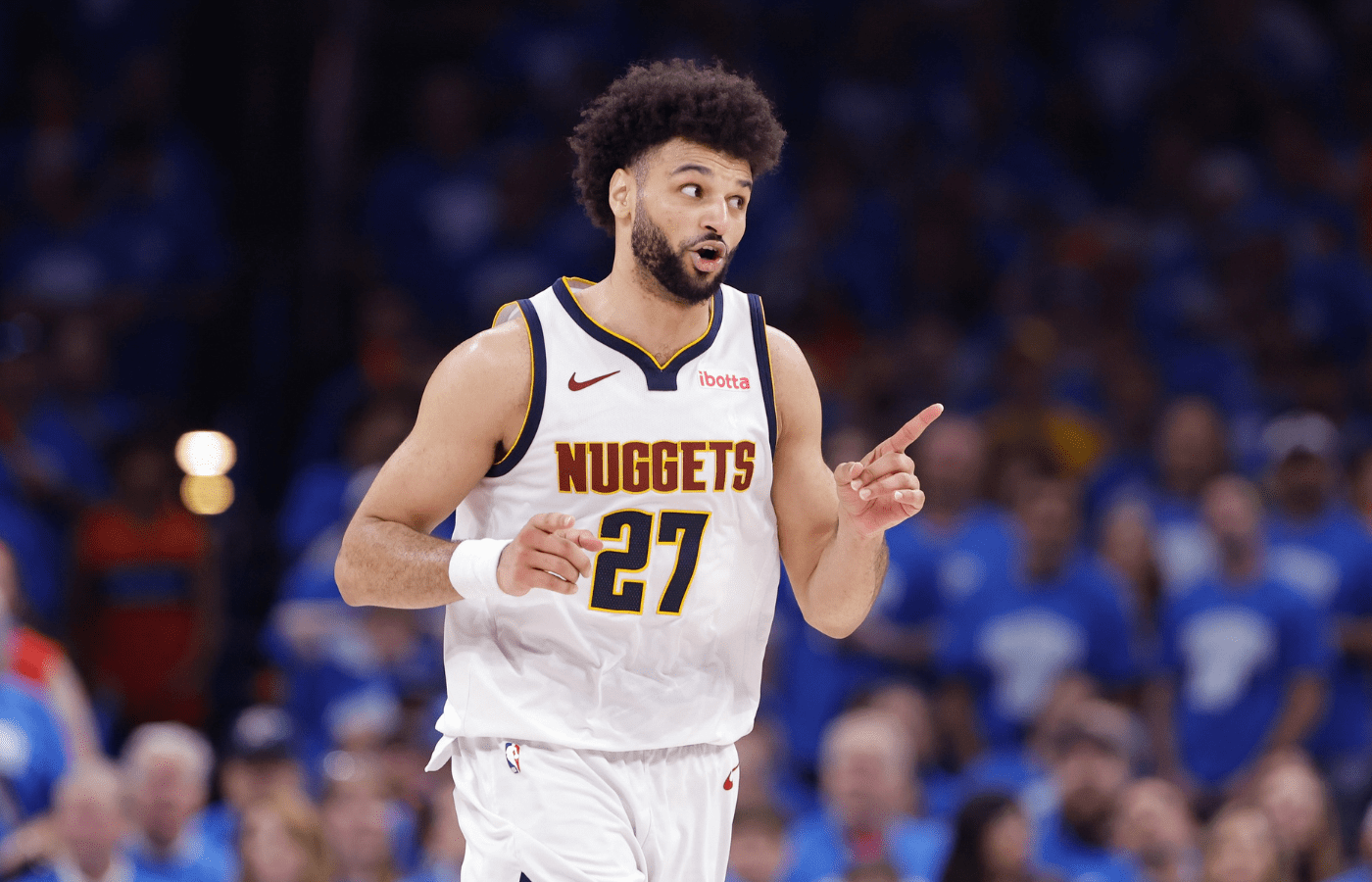 May 18, 2025; Oklahoma City, Oklahoma, USA; Denver Nuggets guard Jamal Murray (27) gestures to his team during a play against the Oklahoma City Thunder in the second half during game seven of the second round for the 2025 NBA Playoffs at Paycom Center. Mandatory Credit: Alonzo Adams-Imagn Images