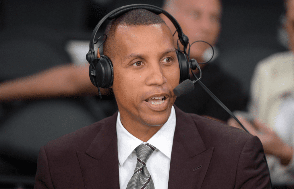 Apr 8, 2014; Los Angeles, CA, USA; TNT broadcaster Reggie Miller during the NBA game between the Houston Rockets and the Los Angeles Lakers at Staples Center. Mandatory Credit: Kirby Lee-Imagn Images