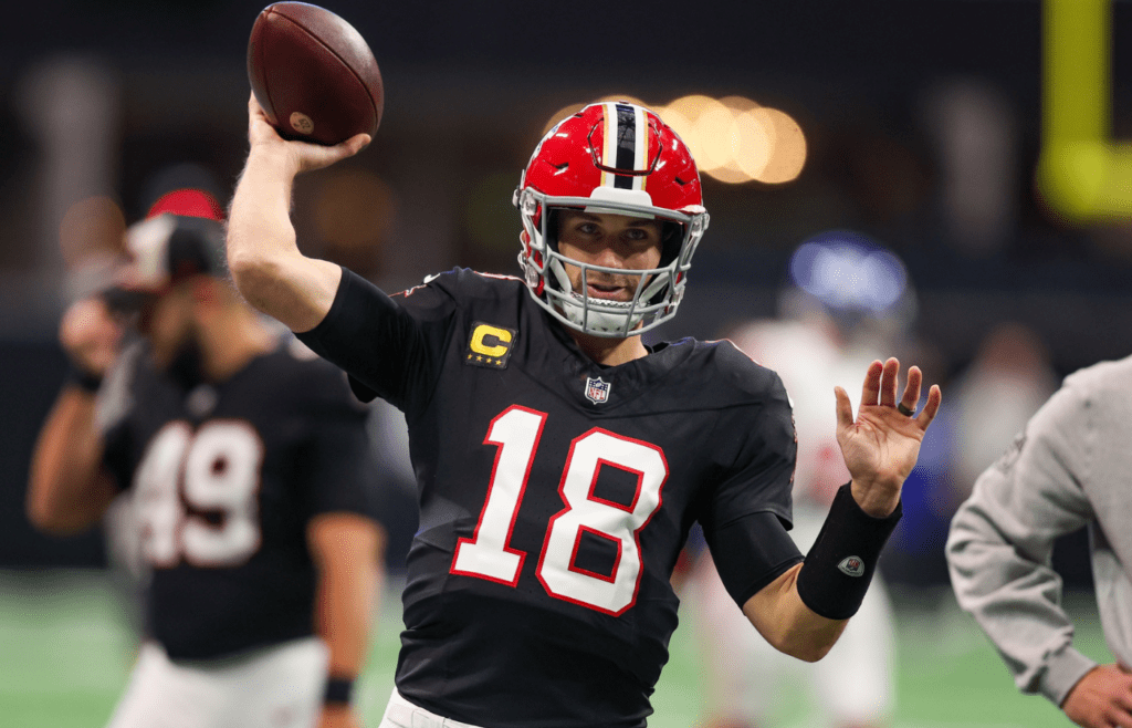 Dec 22, 2024; Atlanta, Georgia, USA; Atlanta Falcons quarterback Kirk Cousins (18) prepares for a game against the New York Giants at Mercedes-Benz Stadium. Mandatory Credit: Brett Davis-Imagn Images