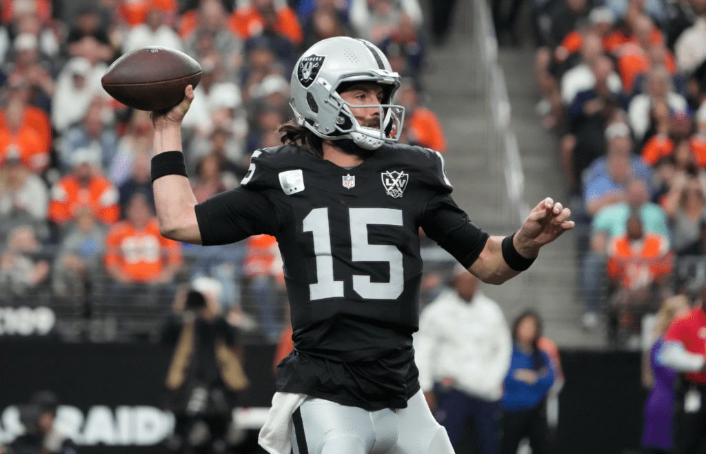 Nov 24, 2024; Paradise, Nevada, USA; Las Vegas Raiders quarterback Gardner Minshew (15) throws the ball against the Denver Broncos in the first half at Allegiant Stadium. Mandatory Credit: Kirby Lee-Imagn Images
