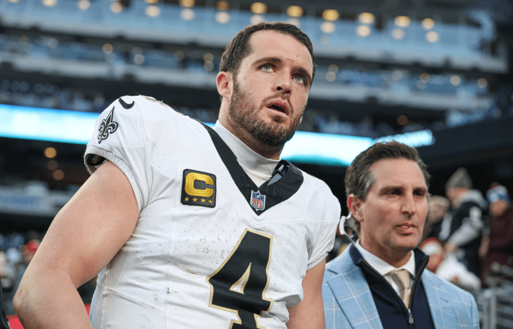 Dec 8, 2024; East Rutherford, New Jersey, USA; New Orleans Saints quarterback Derek Carr (4) walks off the field after field after an injury during the fourth quarter at MetLife Stadium. Mandatory Credit: Vincent Carchietta-Imagn Images