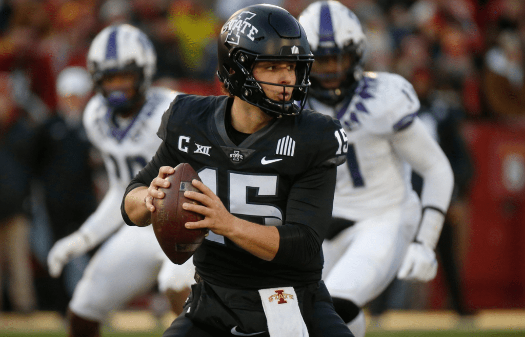 Iowa State senior quarterback Brock Purdy looks for an open receiver downfield in the second quarter against TCU on Friday, Nov. 26, 2021, at Jack Trice Stadium in Ames. The San Francisco 49ers made Purdy a seventh-round pick in 2022.