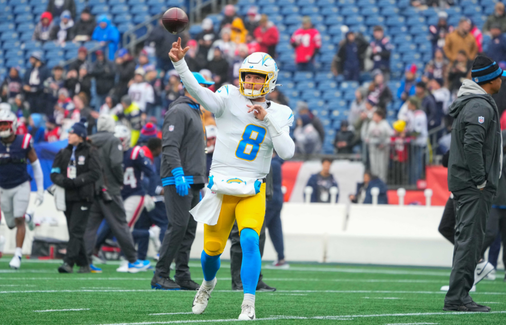 Dec 28, 2024; Foxborough, Massachusetts, USA; Los Angeles Chargers quarterback Taylor Heinicke (8) warms up prior to the game against the New England Patriots at Gillette Stadium. Mandatory Credit: Gregory Fisher-Imagn Images