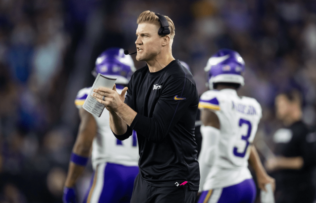 Jan 13, 2025; Glendale, AZ, USA; Minnesota Vikings quarterbacks coach Josh McCown against the Los Angeles Rams during an NFC wild card game at State Farm Stadium. Mandatory Credit: Mark J. Rebilas-Imagn Images