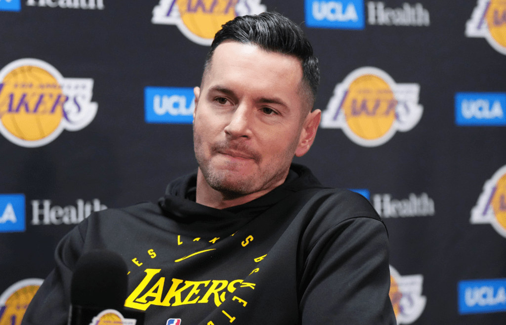 Nov 29, 2024; Los Angeles, California, USA; Los Angeles Lakers coach J.J. Redick at a press conference at Crypto.com Arena. Mandatory Credit: Kirby Lee-Imagn Images