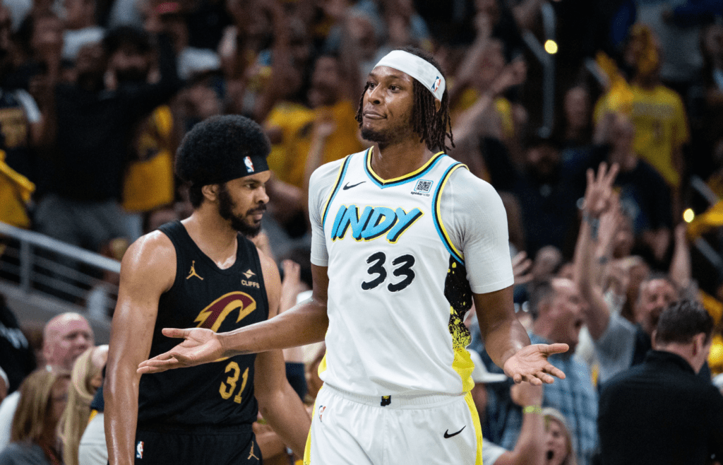 May 11, 2025; Indianapolis, Indiana, USA; Indiana Pacers center Myles Turner (33) celebrates a made basket during game four of the second round for the 2025 NBA Playoffs against the Cleveland Cavaliers at Gainbridge Fieldhouse. Mandatory Credit: Trevor Ruszkowski-Imagn Images