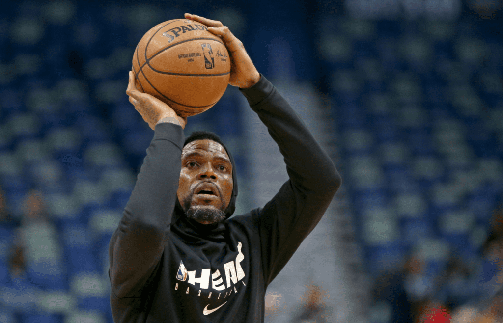Mar 6, 2020; New Orleans, Louisiana, USA; Miami Heat forward Udonis Haslem (40) warms up before a game against the New Orleans Pelicans at the Smoothie King Center. Mandatory Credit: Chuck Cook-Imagn Images
