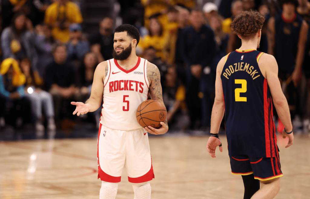 Apr 28, 2025; San Francisco, California, USA; Houston Rockets guard Fred VanVleet (5) questions the call after a play against Golden State Warriors guard Brandin Podziemski (2) during the fourth quarter of game four of the 2025 NBA Playoffs first round at Chase Center. Mandatory Credit: Kelley L Cox-Imagn Images
