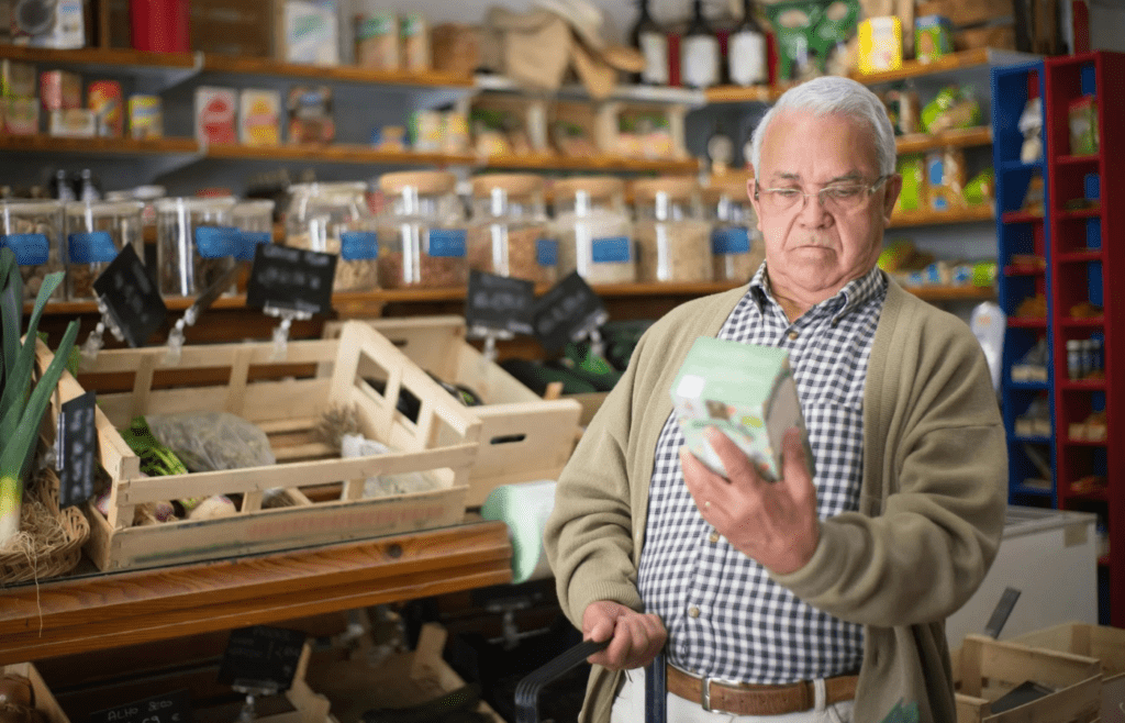 Elderly man checking unit price on package