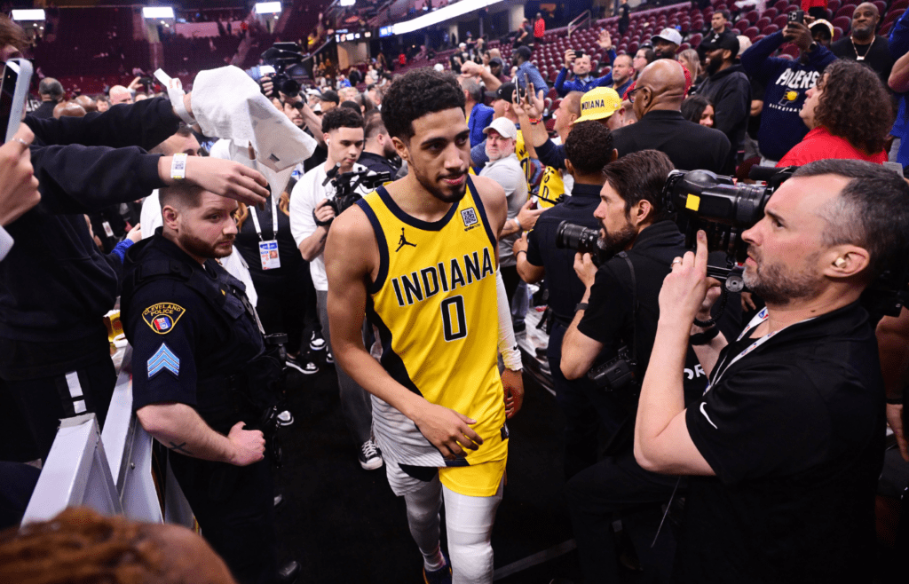 May 13, 2025; Cleveland, Ohio, USA; Indiana Pacers guard Tyrese Haliburton (0) walks off the court after game five of the second round for the 2025 NBA Playoffs at Rocket Arena. Mandatory Credit: Ken Blaze-Imagn Images