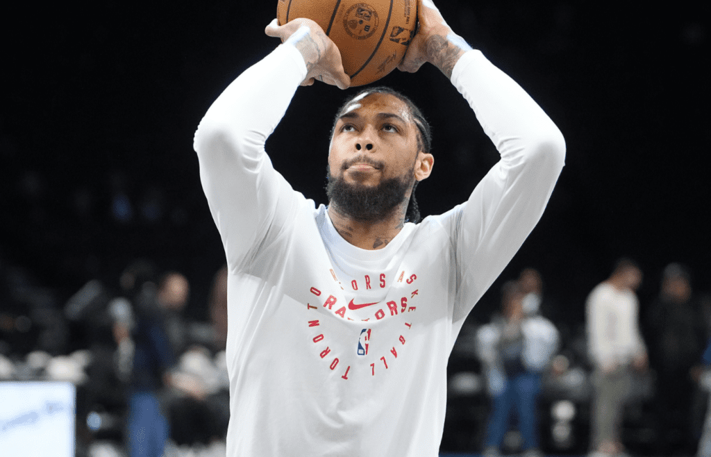 Apr 6, 2025; Brooklyn, New York, USA; Toronto Raptors small forward Brandon Ingram (3) warms up prior to the game against the Brooklyn Nets at Barclays Center. Mandatory Credit: Gregory Fisher-Imagn Images