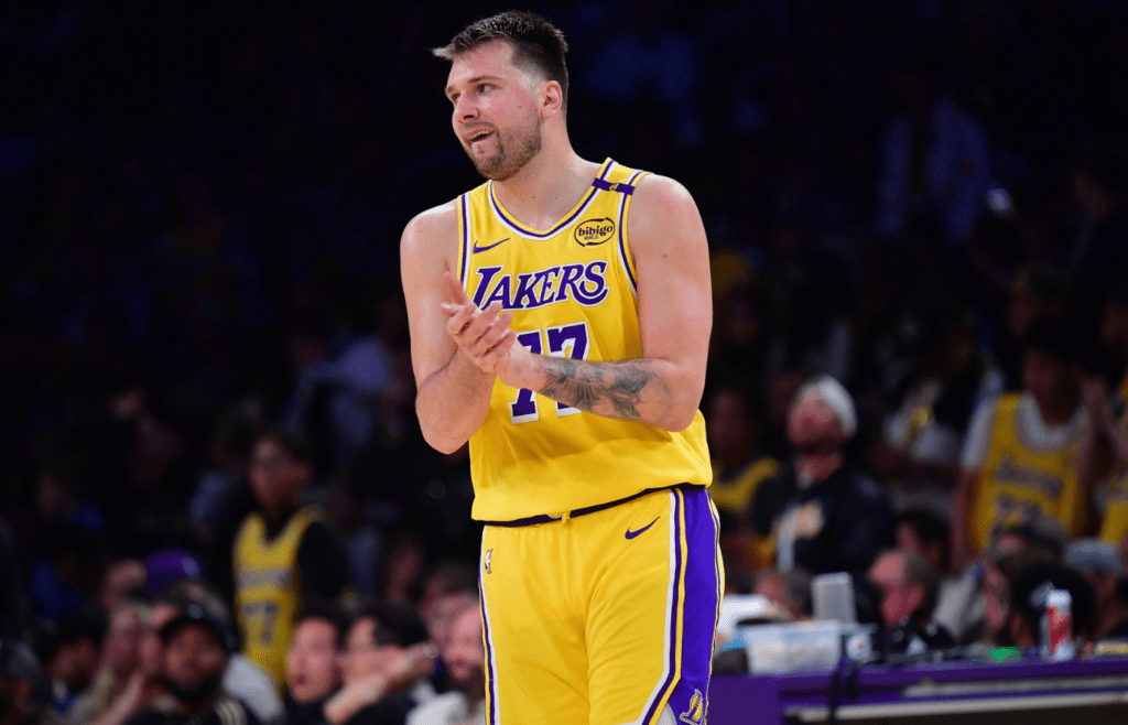 Apr 30, 2025; Los Angeles, California, USA; Los Angeles Lakers guard Luka Doncic (77) reacts during the second half in game five of first round for the 2025 NBA Playoffs at Crypto.com Arena. Mandatory Credit: Gary A. Vasquez-Imagn