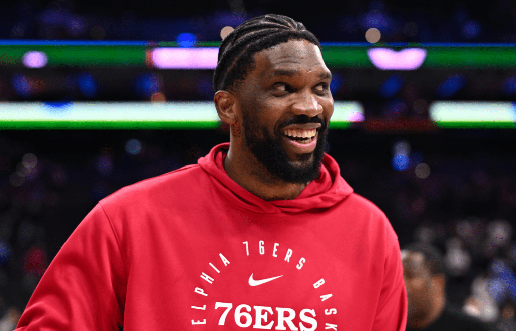 Apr 5, 2025; Philadelphia, Pennsylvania, USA; Philadelphia 76ers center Joel Embiid reacts after the game against the Minnesota Timberwolves at Wells Fargo Center. Mandatory Credit: Kyle Ross-Imagn Images