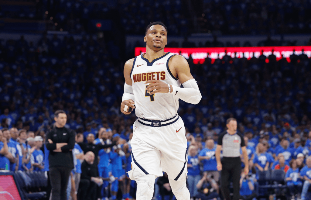 May 18, 2025; Oklahoma City, Oklahoma, USA; Denver Nuggets guard Russell Westbrook (4) runs down the court against the Oklahoma City Thunder in the second quarter during game seven of the second round for the 2025 NBA Playoffs at Paycom Center. Mandatory Credit: Alonzo Adams-Imagn Images