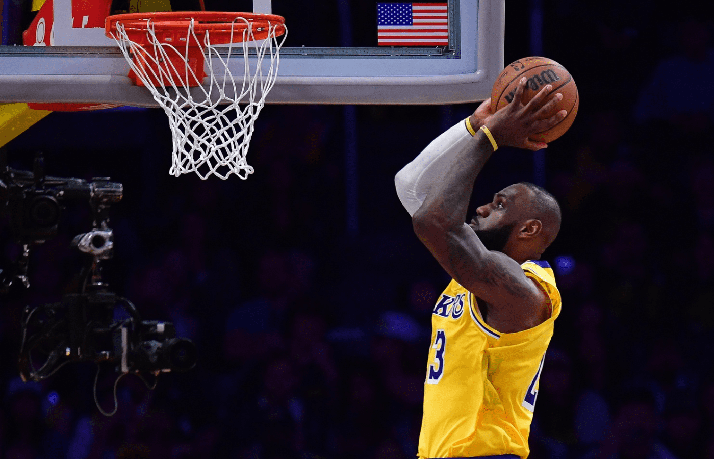 Apr 30, 2025; Los Angeles, California, USA; Los Angeles Lakers forward LeBron James (23) moves in for the dunk against the Minnesota Timberwolves during the second half in game five of first round for the 2025 NBA Playoffs at Crypto.com Arena. Mandatory Credit: Gary A. Vasquez-Imagn
