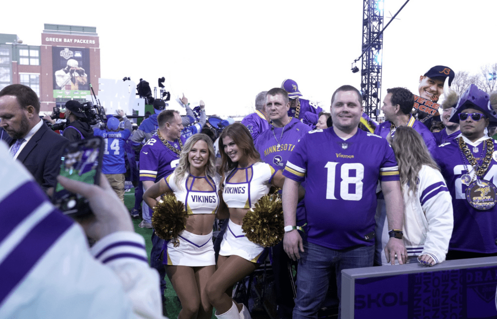 Minnesota Vikings fans are shown before the start of the first round of the NFL Draft Thursday, April 24, 2025 in Green Bay, Wisconsin. It is the first time the draft will be held in Green Bay, the smallest market in the National Football League.