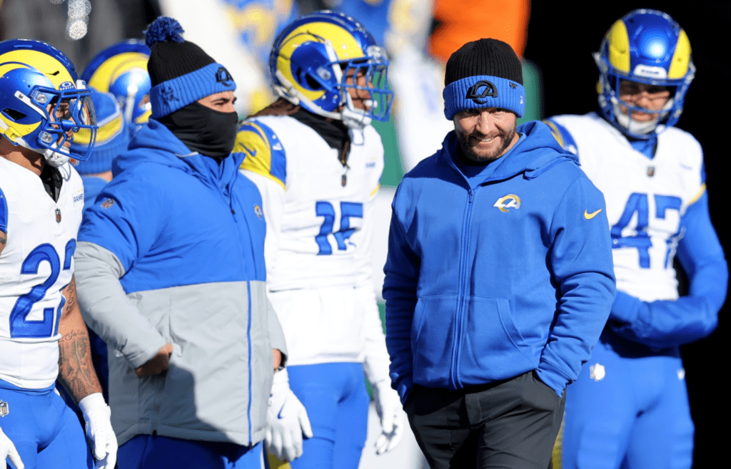 Dec 22, 2024; East Rutherford, New Jersey, USA; Los Angeles Rams head coach Sean McVay watches his team warm up before a game against the New York Jets at MetLife Stadium. Mandatory Credit: Brad Penner-Imagn Images