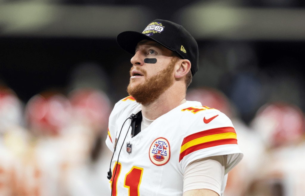 Feb 9, 2025; New Orleans, LA, USA; Kansas City Chiefs quarterback Carson Wentz (11) against the Philadelphia Eagles in Super Bowl LIX at Ceasars Superdome. Mandatory Credit: Mark J. Rebilas-Imagn Images