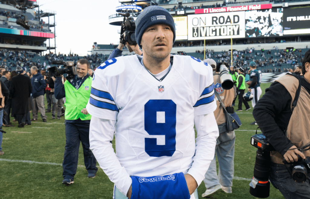 Jan 1, 2017; Philadelphia, PA, USA; Dallas Cowboys quarterback Tony Romo (9) walks off the field after a game against the Philadelphia Eagles at Lincoln Financial Field. The Philadelphia Eagles won 27-13. Mandatory Credit: Bill Streicher-Imagn Images
