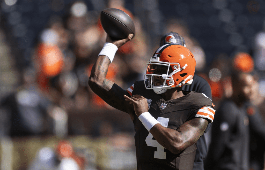 Oct 20, 2024; Cleveland, Ohio, USA; Cleveland Browns quarterback Deshaun Watson (4) throws the ball during warmup before the game against the Cincinnati Bengals at Huntington Bank Field. Mandatory Credit: Scott Galvin-Imagn Images
