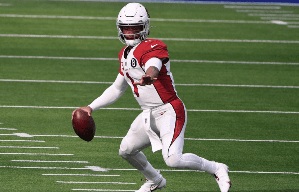 Jan 3, 2021; Inglewood, California, USA; Arizona Cardinals quarterback Kyler Murray (1) scrambles out of the pocket during the first quarter against the Los Angeles Rams at SoFi Stadium. Mandatory Credit: Robert Hanashiro-Imagn Images