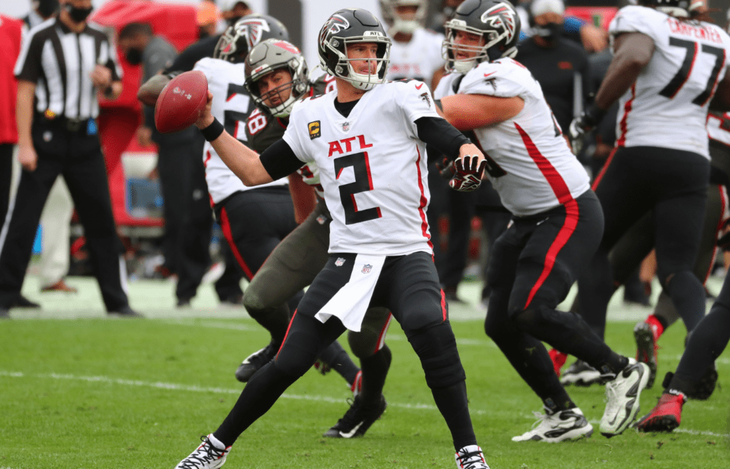 Jan 3, 2021; Tampa, Florida, USA; Atlanta Falcons quarterback Matt Ryan (2) throws the ball against the Tampa Bay Buccaneers during the second quarter at Raymond James Stadium. Mandatory Credit: Kim Klement-Imagn Images