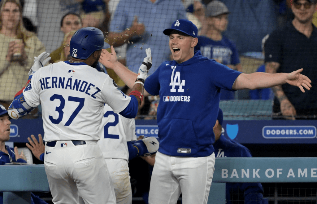 May 21, 2025; Los Angeles, California, USA; Los Angeles Dodgers right fielder Teoscar Hernandez (37) is congratulated at the dugout by catcher Will Smith (16) after hitting a three-run home run in the sixth inning against the Arizona Diamondbacks at Dodger Stadium. Mandatory Credit: Jayne Kamin-Oncea-Imagn Images