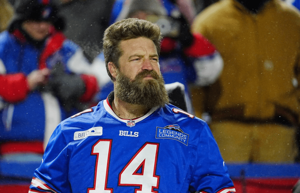 Former Buffalo Bills quarterback Ryan Fitzpatrick was the evening’s legend of the game and lead the crowd with a cheer before the Buffalo Bills divisional game against the Baltimore Ravens at Highmark Stadium in Orchard Park on Jan. 19, 2025.