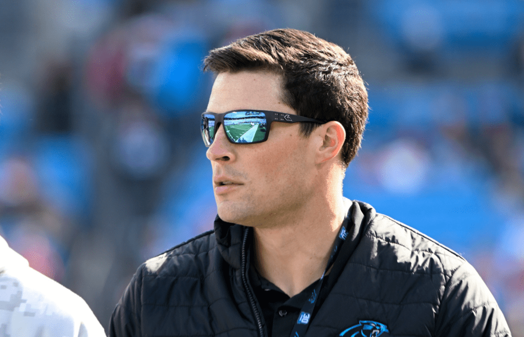 Nov 24, 2024; Charlotte, North Carolina, USA; Former Carolina Panthers linebacker Luke Kuechly on the sidelines before the game at Bank of America Stadium. Mandatory Credit: Bob Donnan-Imagn Images