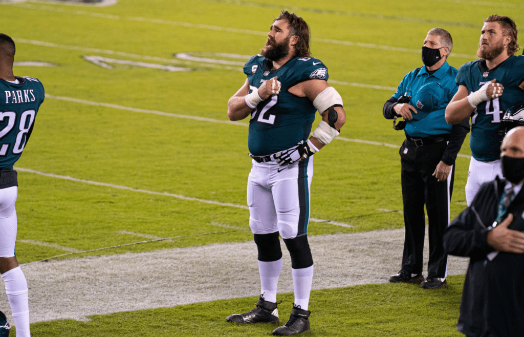 Nov 30, 2020; Philadelphia, Pennsylvania, USA; Philadelphia Eagles center Jason Kelce (62) before action against the Seattle Seahawks at Lincoln Financial Field. Mandatory Credit: Bill Streicher-Imagn Images