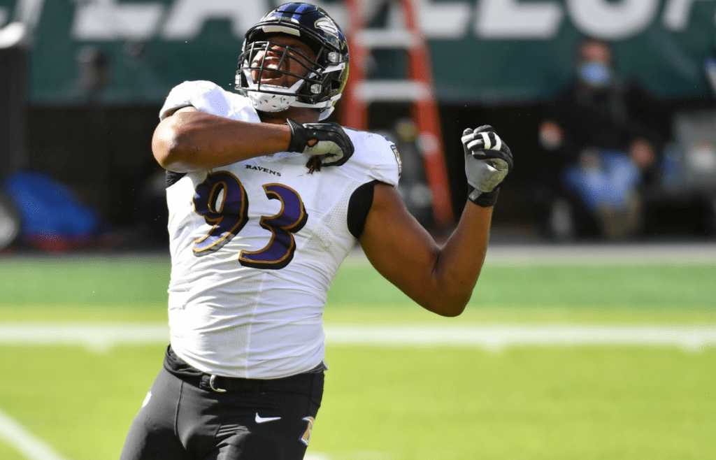 Oct 18, 2020; Philadelphia, Pennsylvania, USA; Baltimore Ravens defensive end Calais Campbell (93) celebrates after a sack against the Philadelphia Eagles during the first quarter at Lincoln Financial Field. Mandatory Credit: Eric Hartline-Imagn Images