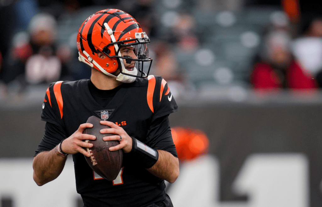 Cincinnati Bengals quarterback AJ McCarron (4) drops back to throw in the fourth quarter of the NFL Week 18 game between the Cincinnati Bengals and the Cleveland Browns at Paycor Stadium in downtown Cincinnati on Sunday, Jan. 7, 2024