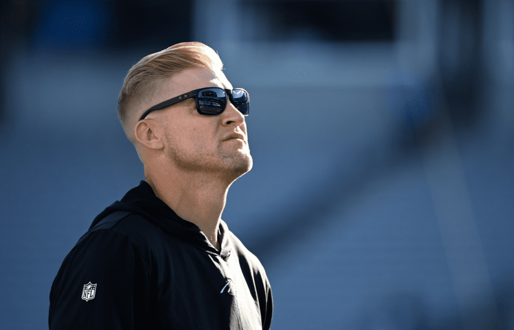 Nov 5, 2023; Charlotte, North Carolina, USA; Carolina Panthers quarterbacks coach Josh McCown on the field before the game at Bank of America Stadium. Mandatory Credit: Bob Donnan-Imagn Images