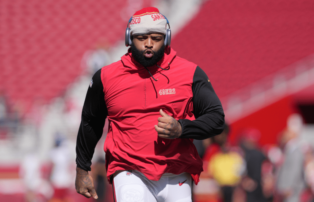 Oct 6, 2024; Santa Clara, California, USA; San Francisco 49ers offensive tackle Trent Williams (71) warms up before the game against the Arizona Cardinals at Levi's Stadium. Mandatory Credit: Darren Yamashita-Imagn Images