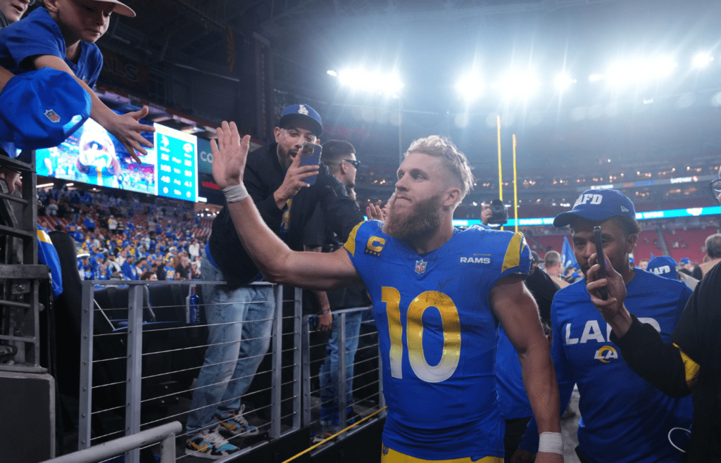 Jan 13, 2025; Glendale, AZ, USA; Los Angeles Rams wide receiver Cooper Kupp (10) reacts after the NFC wild card game against the Minnesota Vikings at State Farm Stadium. Mandatory Credit: Joe Camporeale-Imagn Images