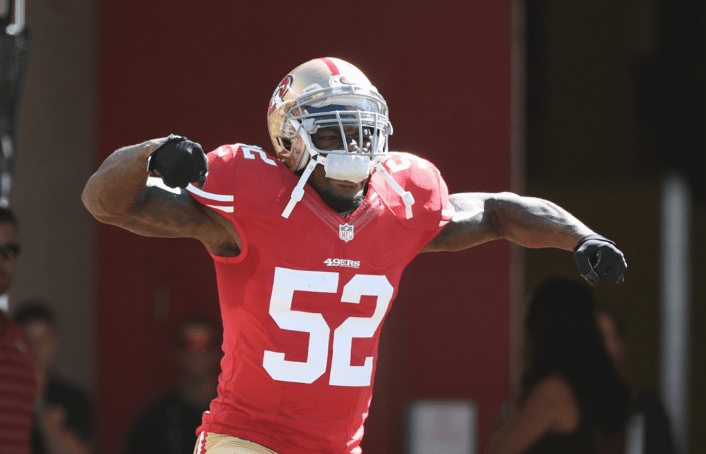 October 5, 2014; Santa Clara, CA, USA; San Francisco 49ers inside linebacker Patrick Willis (52) during player introductions before the game against the Kansas City Chiefs at Levi's Stadium. Mandatory Credit: Kyle Terada-Imagn Images