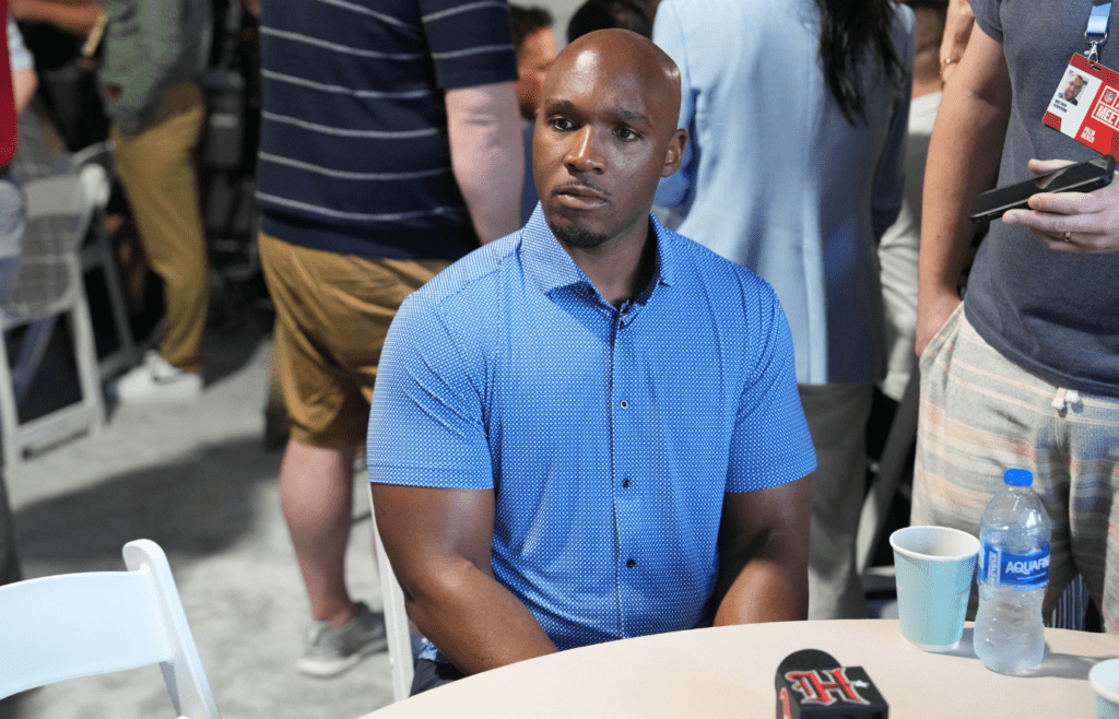 Mar 31, 2025; Palm Beach, FL, USA; Houston Texans head coach DeMeco Ryans answers questions from the media during the NFL Annual League Meeting at The Breakers. Mandatory Credit: Jim Rassol-Imagn Images
