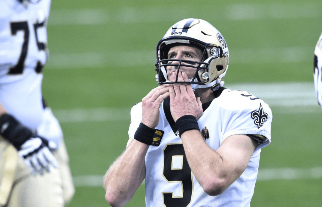 Jan 3, 2021; Charlotte, North Carolina, USA; New Orleans Saints quarterback Drew Brees (9) on the field before the game at Bank of America Stadium. Mandatory Credit: Bob Donnan-Imagn Images