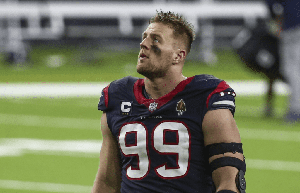 Jan 3, 2021; Houston, Texas, USA; Houston Texans defensive end J.J. Watt (99) walks off the field after a loss to the Tennessee Titans at NRG Stadium. Mandatory Credit: Troy Taormina-Imagn Images