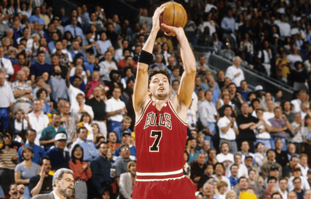 Jun 1996; Seattle, WA USA; FILE PHOTO; Chicago Bulls guard Toni Kukoc (7) takes a jump shot against the Seattle Supersonics during the 1996 NBA Finals at Key Arena. Mandatory Credit: MPS-Imagn Images