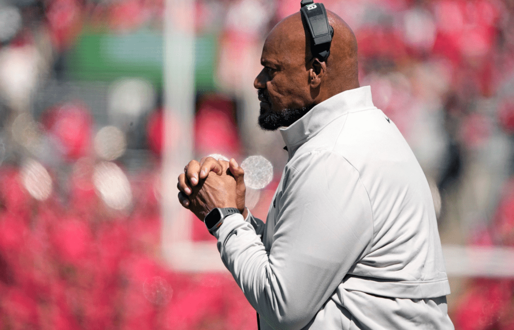 Ohio State Buckeye Gray coach Larry Johnson watches the defense against team Scarlet in the 1st half during the spring game at Ohio Stadium on April 12, 2025.