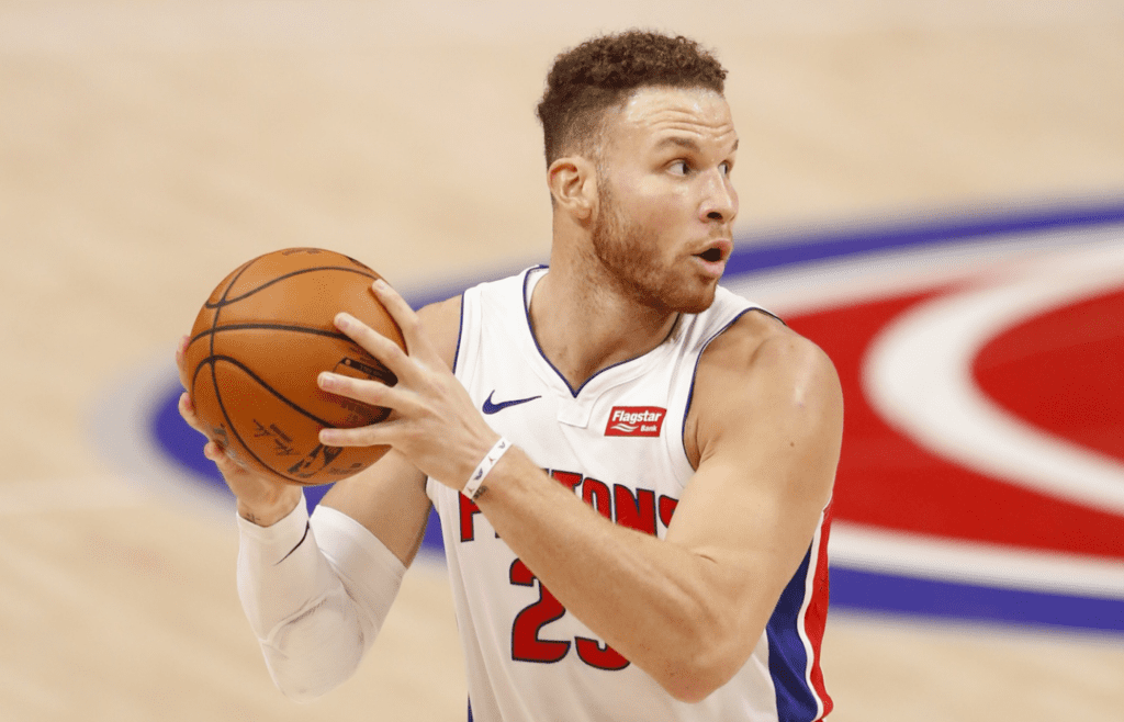 Jan 8, 2021; Detroit, Michigan, USA; Detroit Pistons forward Blake Griffin (23) turns with the ball during the second quarter against the Phoenix Suns at Little Caesars Arena. Mandatory Credit: Raj Mehta-Imagn Images