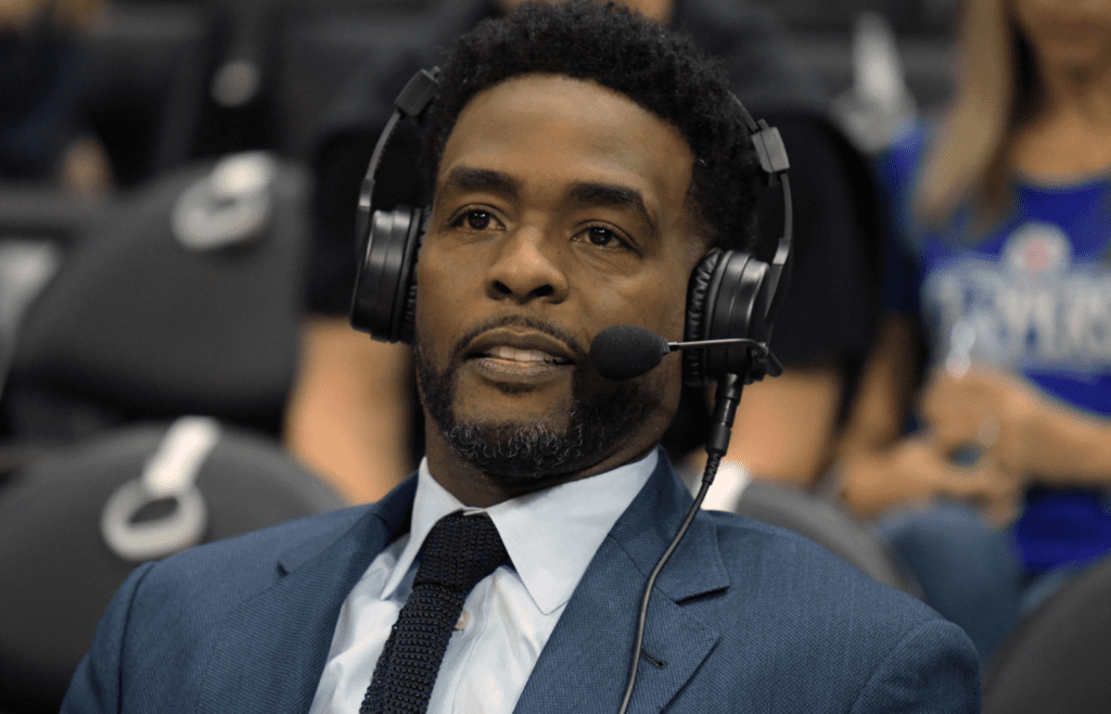 Jan 4, 2018; Los Angeles, CA, USA; TNT broadcasters Chris Webber reacts during an NBA basketball game between the Oklahoma City Thunder and the Los Angeles Clippers at Staples Center. The Thunder defeated the Clippers 127-117. Mandatory Credit: Kirby Lee-Imagn Images
