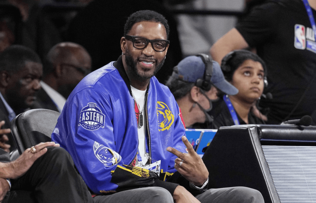 Feb 15, 2025; San Francisco, CA, USA; Former NBA player Tracy McGrady looks on during the skills challenge during All Star Saturday Night ahead of the 2025 NBA All Star Game at Chase Center. Mandatory Credit: Kyle Terada-Imagn Images