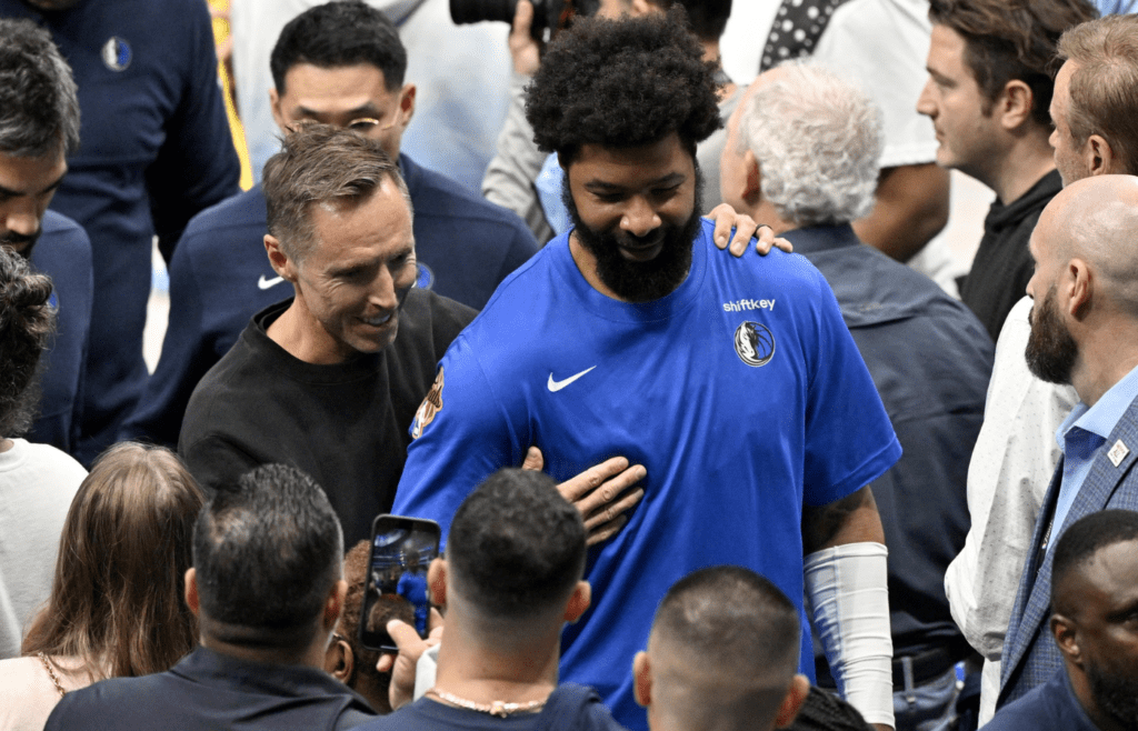 Jun 12, 2024; Dallas, Texas, USA; Former NBA player Steve Nash and Dallas Mavericks forward Markieff Morris (88) after the Mavericks lost game three of the 2024 NBA Finals to the Boston Celtics at American Airlines Center. Mandatory Credit: Jerome Miron-Imagn Images