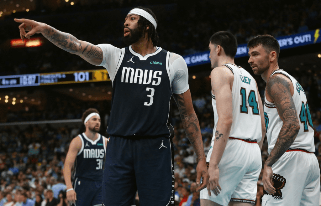 Apr 18, 2025; Memphis, Tennessee, USA; Dallas Mavericks forward Anthony Davis (3) reacts during the third quarter against the Memphis Grizzlies at FedExForum. Mandatory Credit: Petre Thomas-Imagn Images