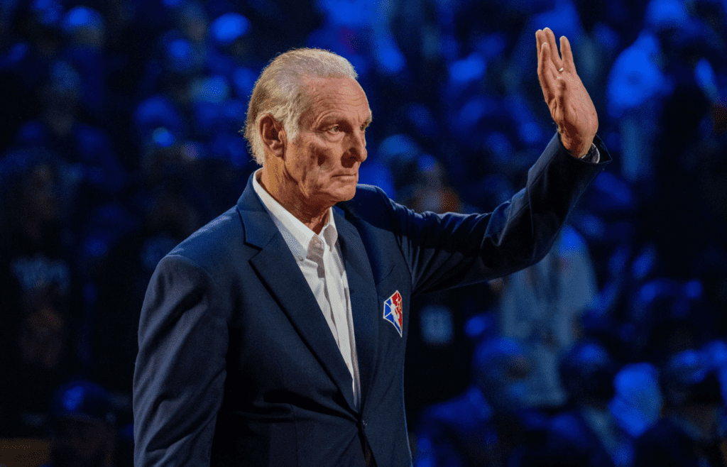 February 20, 2022; Cleveland, Ohio, USA; NBA great Rick Barry is honored for being selected to the NBA 75th Anniversary Team during halftime in the 2022 NBA All-Star Game at Rocket Mortgage FieldHouse. Mandatory Credit: Kyle Terada-Imagn Images